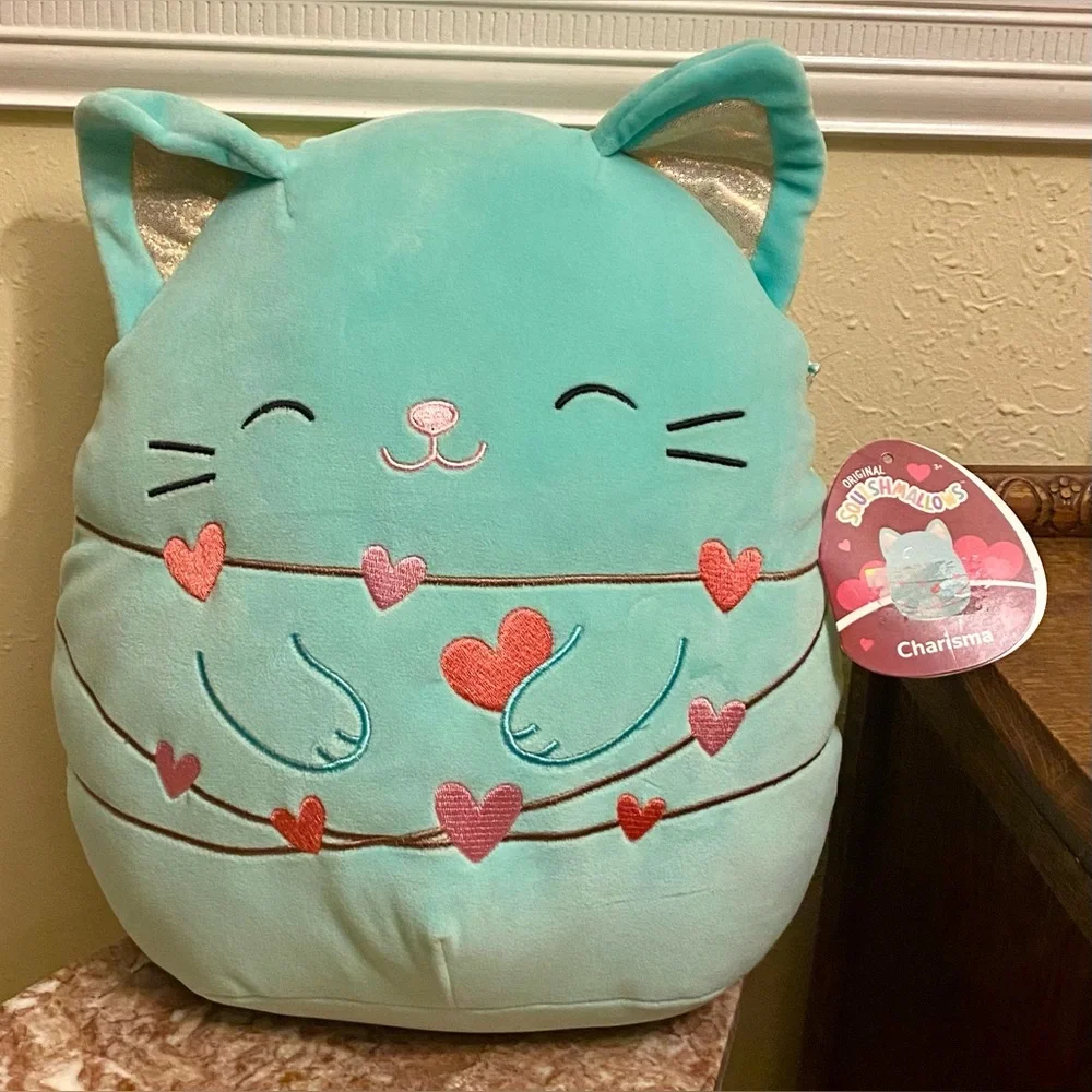 Charisma Squishmallow Aqua Cat Plush with Heart Details; Valentines; RARE, new.